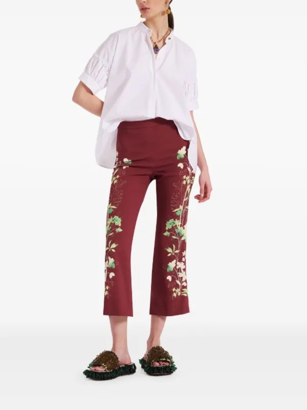La DoubleJ Woodland-print Trousers Cropped Floral Red Burgundy Italy Size XS